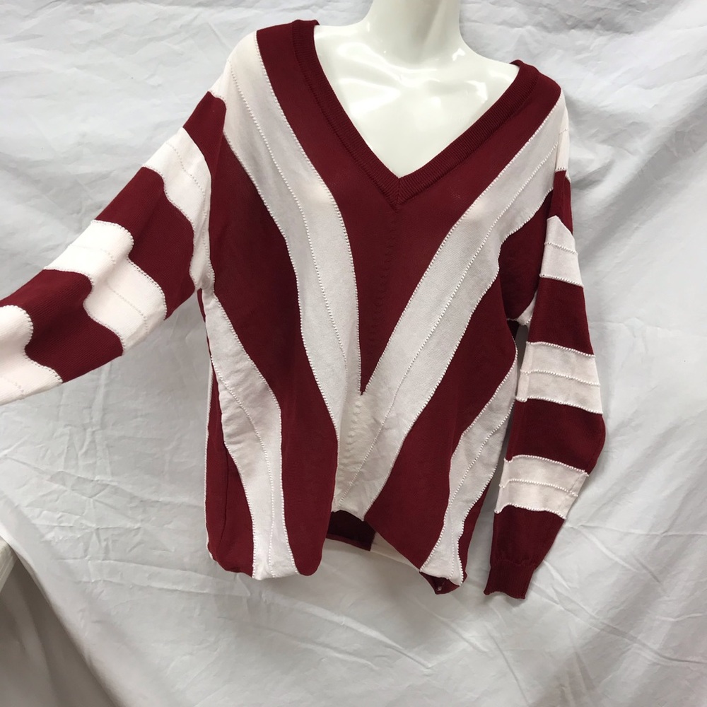 V-Neck Sweater Striped Wine Red - Picture 1 of 4